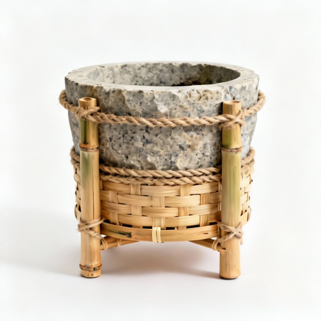 Natural Stone Planter with Woven Bamboo Base - Small Indoor Herb Garden