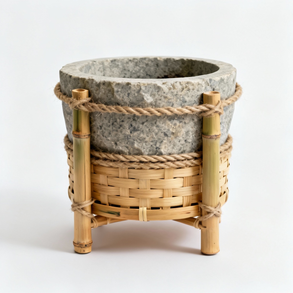 Natural Stone Planter with Woven Bamboo Base - Small Indoor Herb Garden