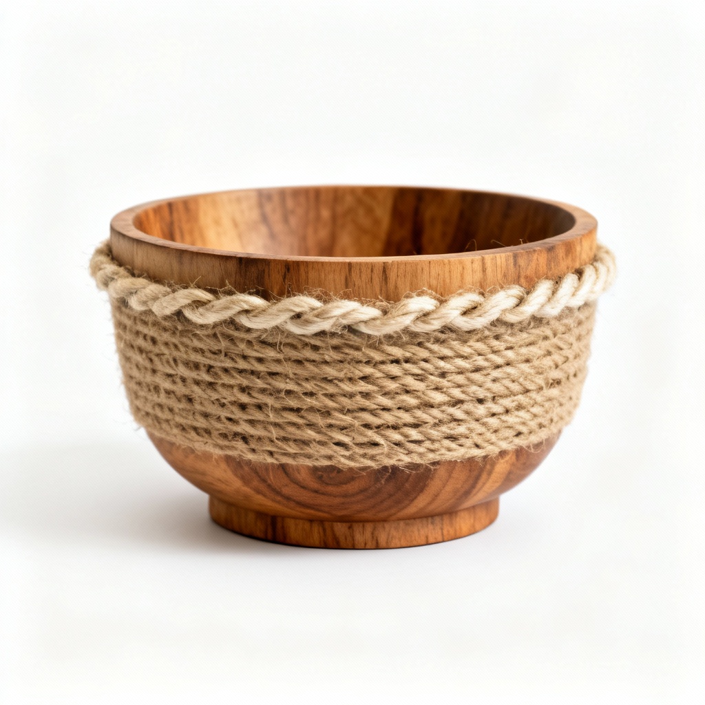 Natural Wood & Jute Accent Bowl - Small Decorative Storage