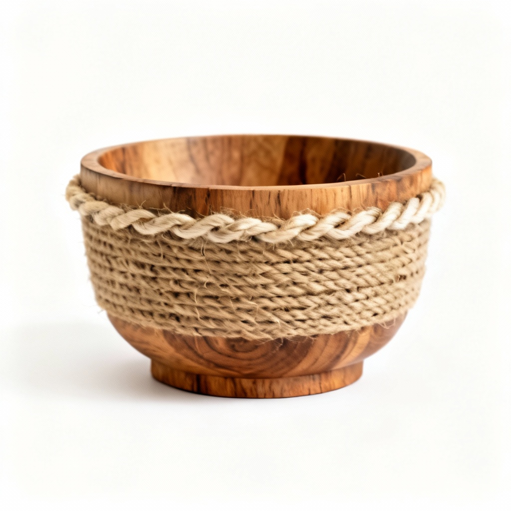 Natural Wood & Jute Accent Bowl - Small Decorative Storage