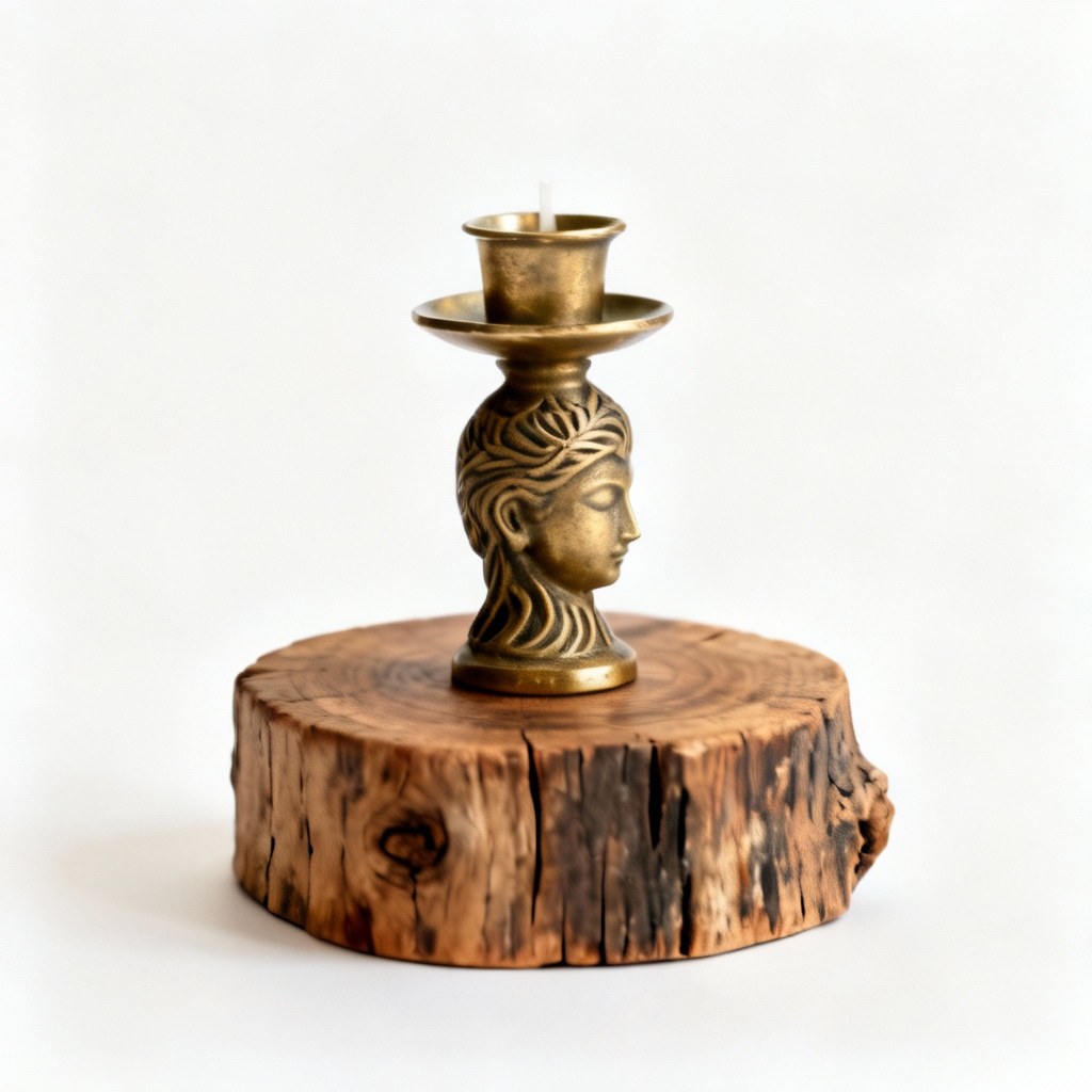 Sculpted Brass Candle Holder on Reclaimed Wood Base - Single