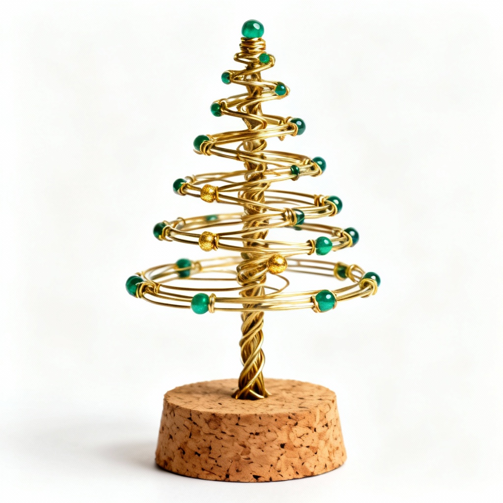 Spiraling Wire Tree Sculpture on Cork Base - Emerald & Gold Accents