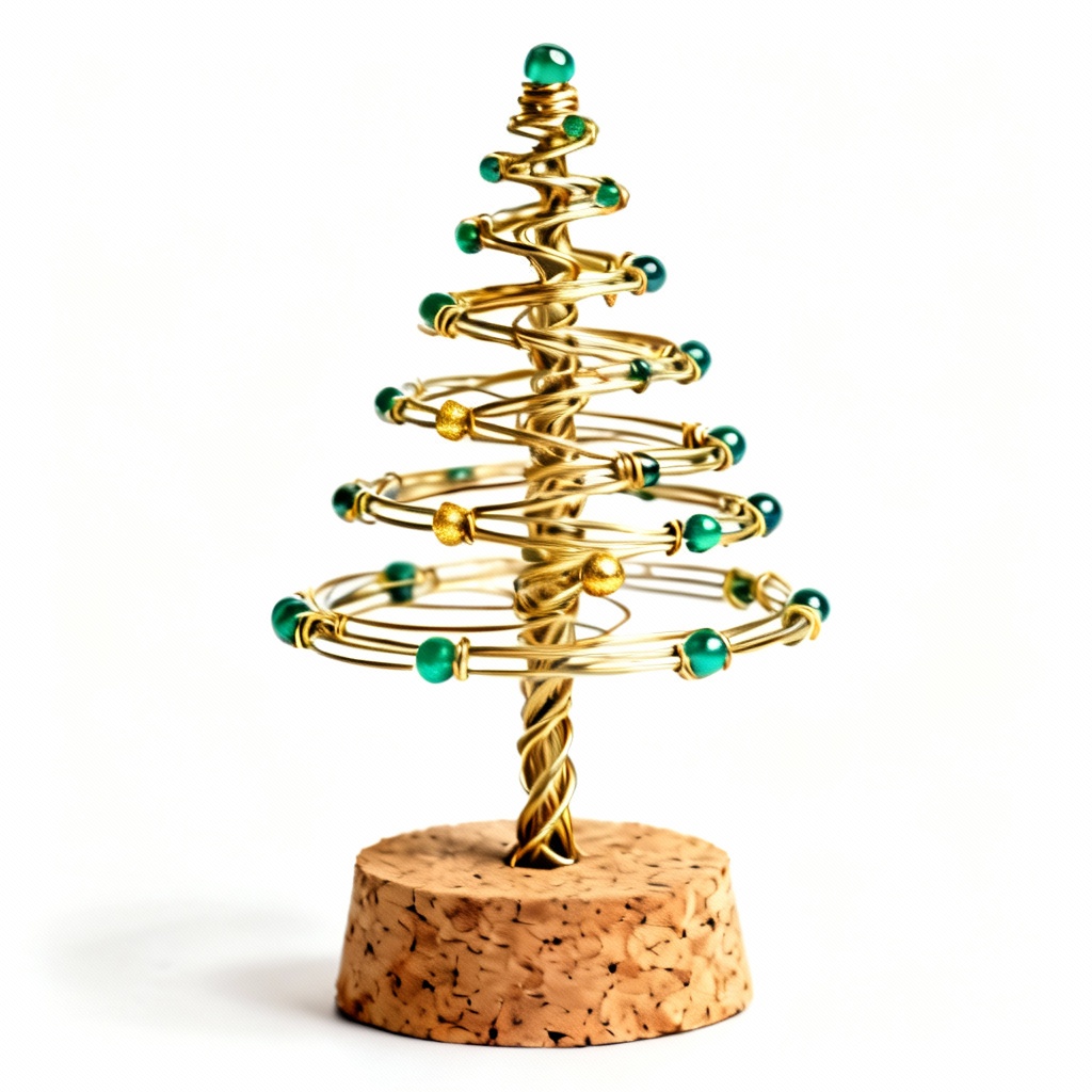 Spiraling Wire Tree Sculpture on Cork Base - Emerald & Gold Accents