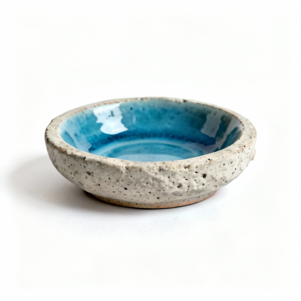 Textured Clay & Stoneware Trinket Dish - Ocean Blue Glaze, 4 Inch