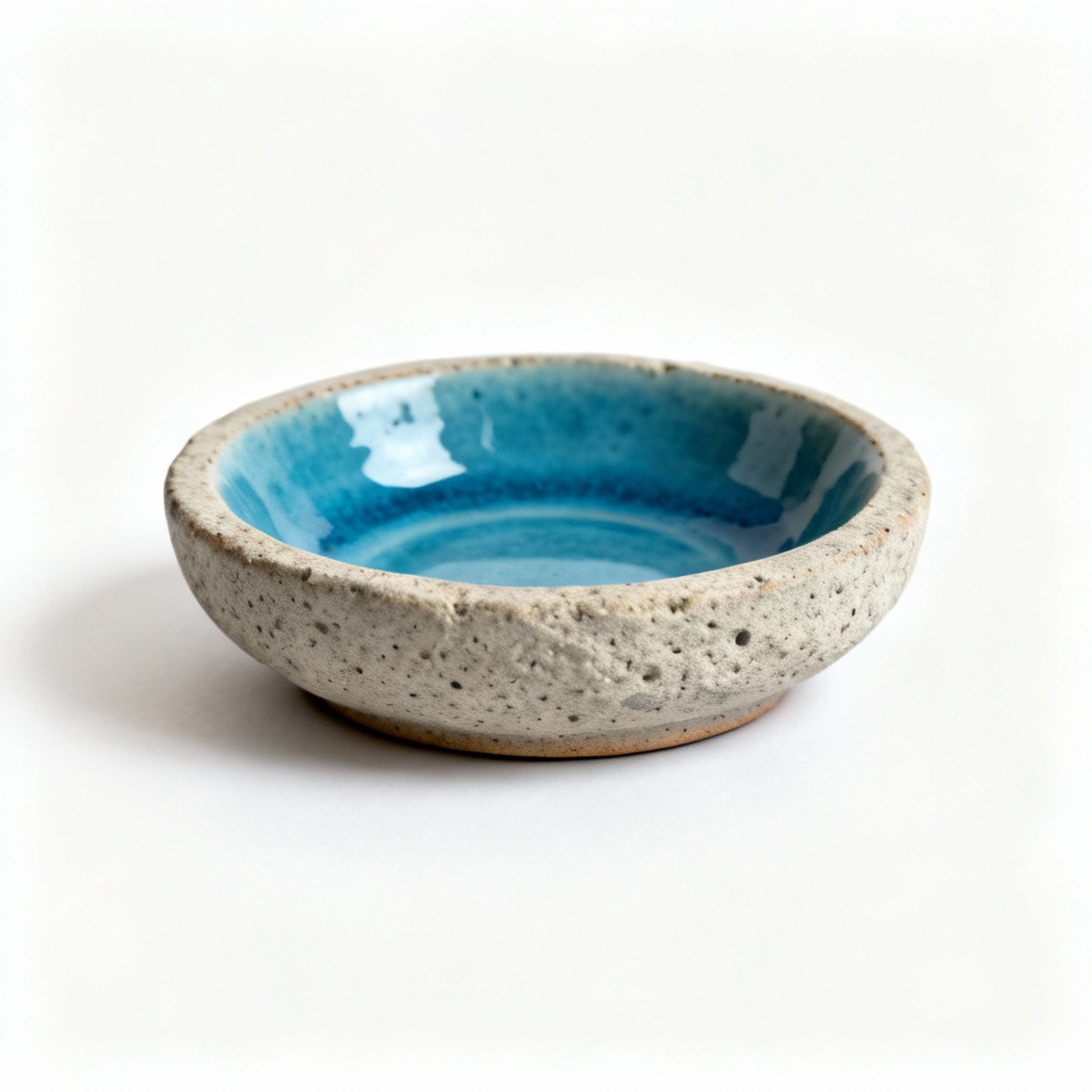 Textured Clay & Stoneware Trinket Dish - Ocean Blue Glaze, 4 Inch