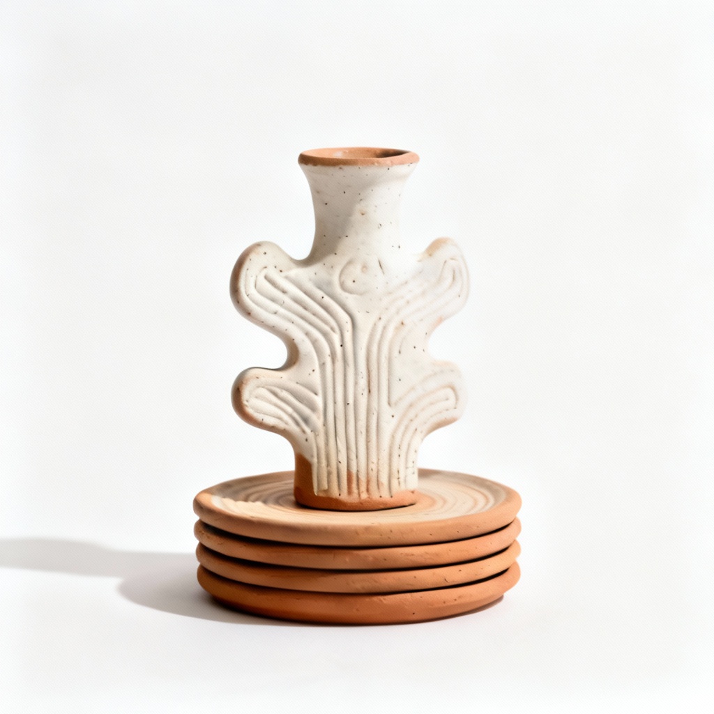 Textured Clay Coaster Set with Earthenware Stand - Abstract Design