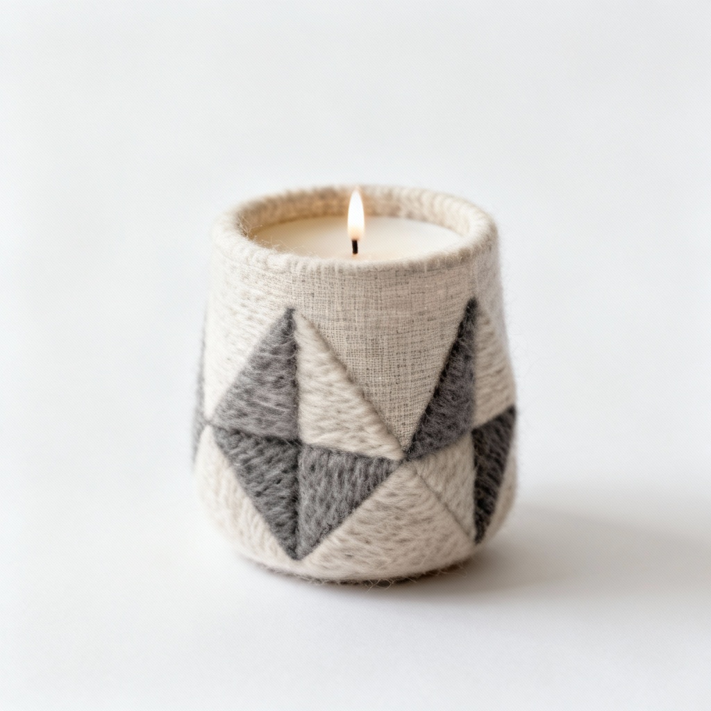 Textured Fabric & Wool Candle Holder Set - Modern Geometric Design