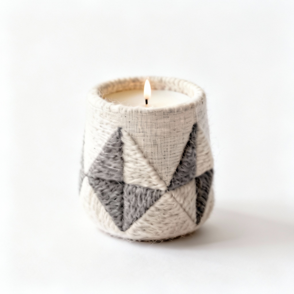 Textured Fabric & Wool Candle Holder Set - Modern Geometric Design