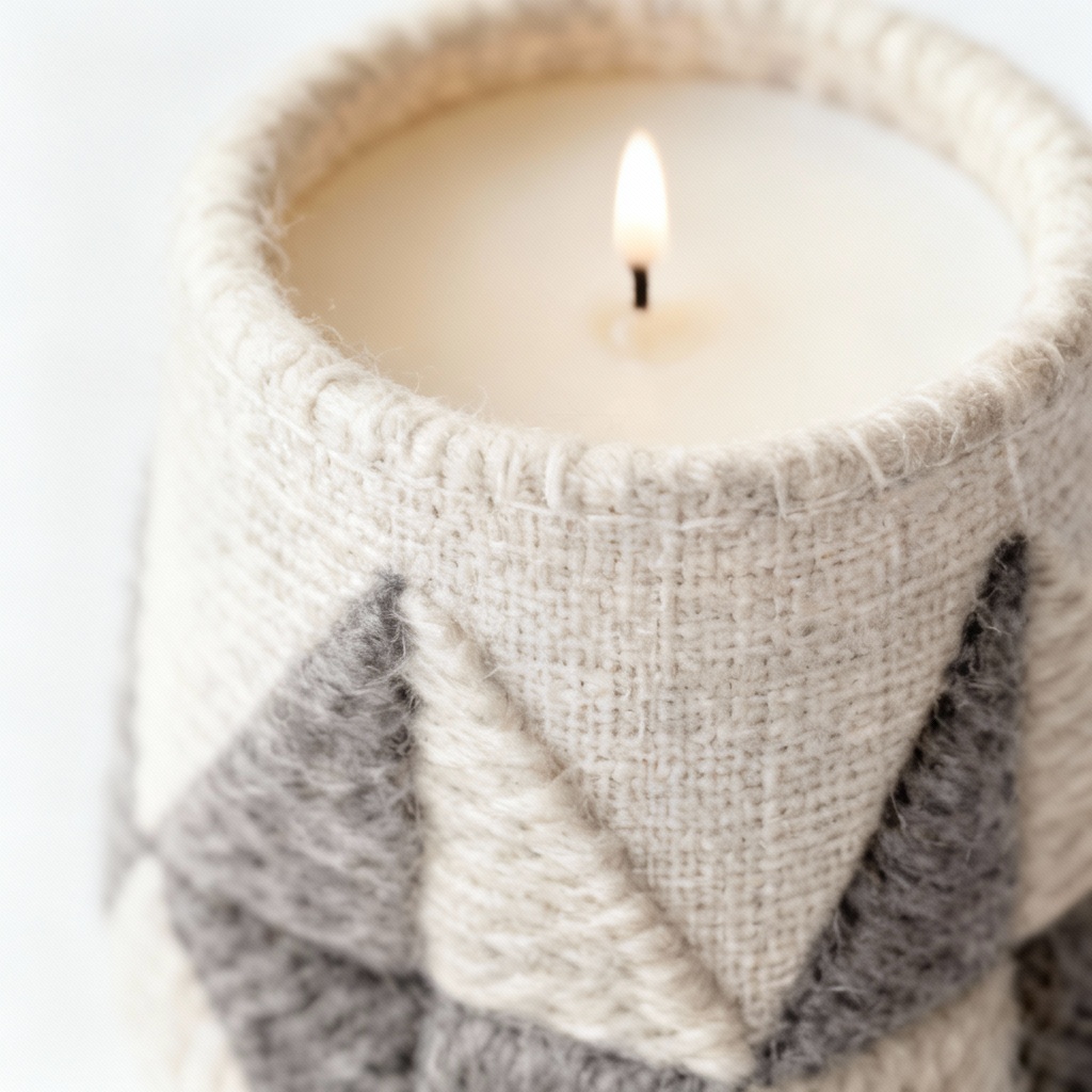 Textured Fabric & Wool Candle Holder Set - Modern Geometric Design