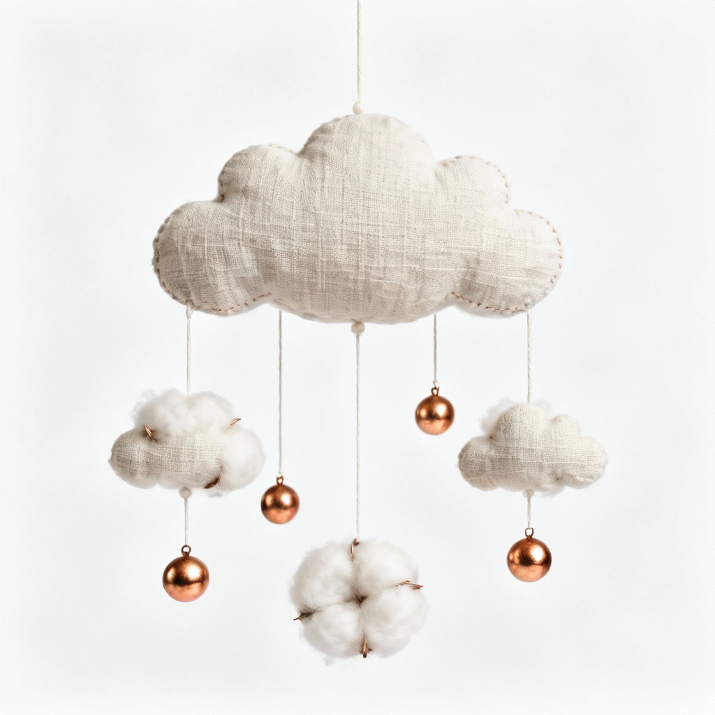 Textured Fabric Mobile with Cotton Clouds & Copper Accents