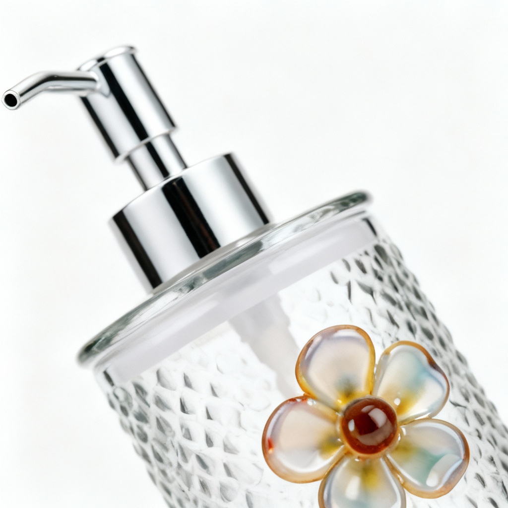 Textured Glass Soap Dispenser with Fused Floral Accent - Eclectic Bath Decor