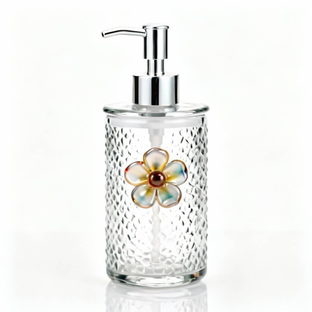Textured Glass Soap Dispenser with Fused Floral Accent - Eclectic Bath Decor