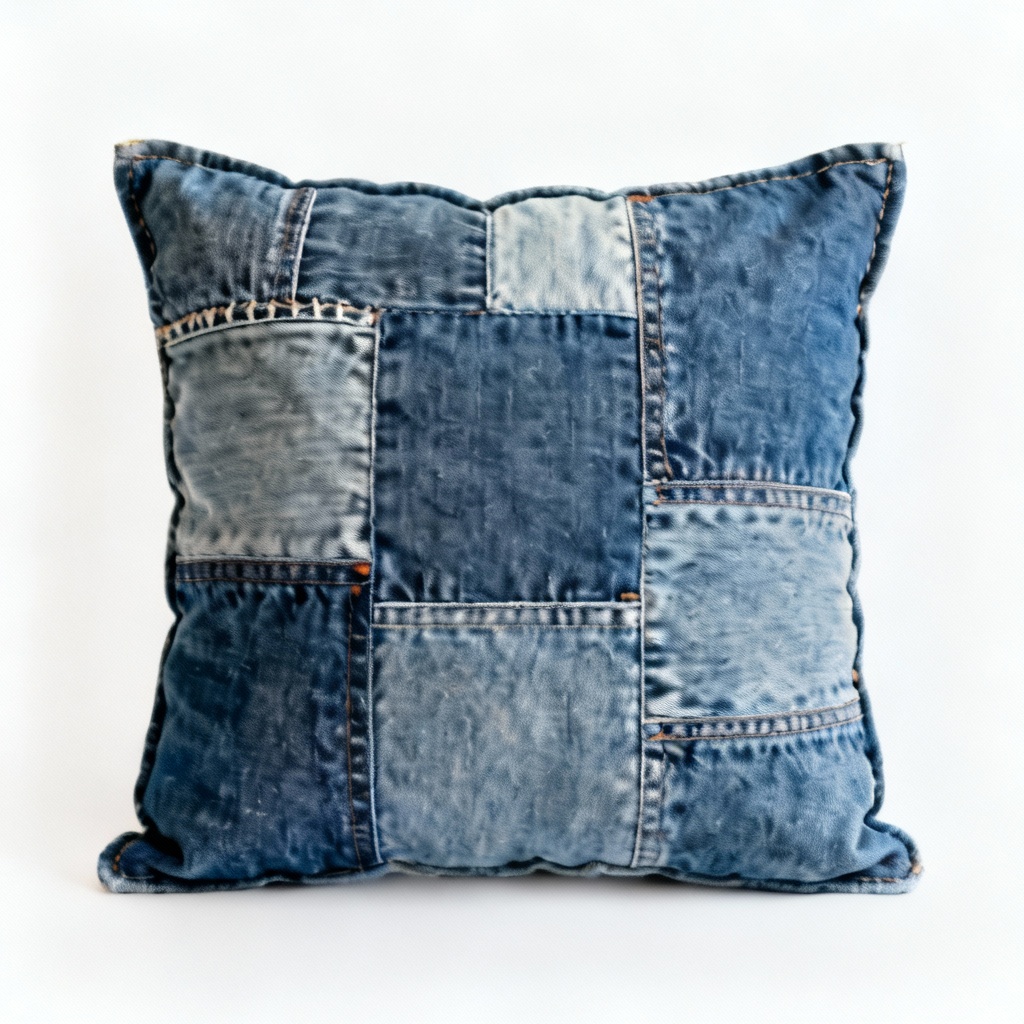 Upcycled Denim Patchwork Throw Pillow - 16x16 Inch Artisan Design