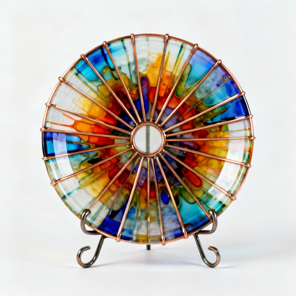 Vibrant Fused Glass Art Dish with Metal Stand - 8 Inch