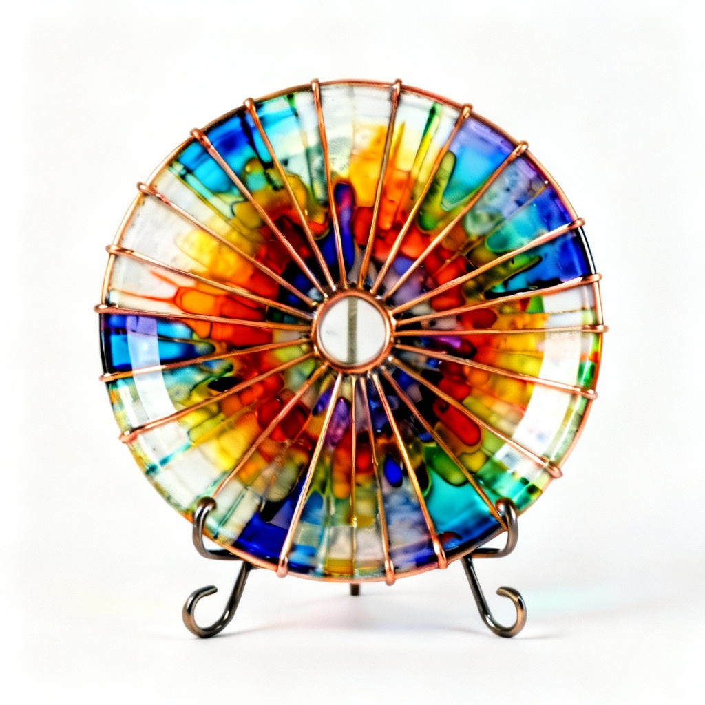 Vibrant Fused Glass Art Dish with Metal Stand - 8 Inch