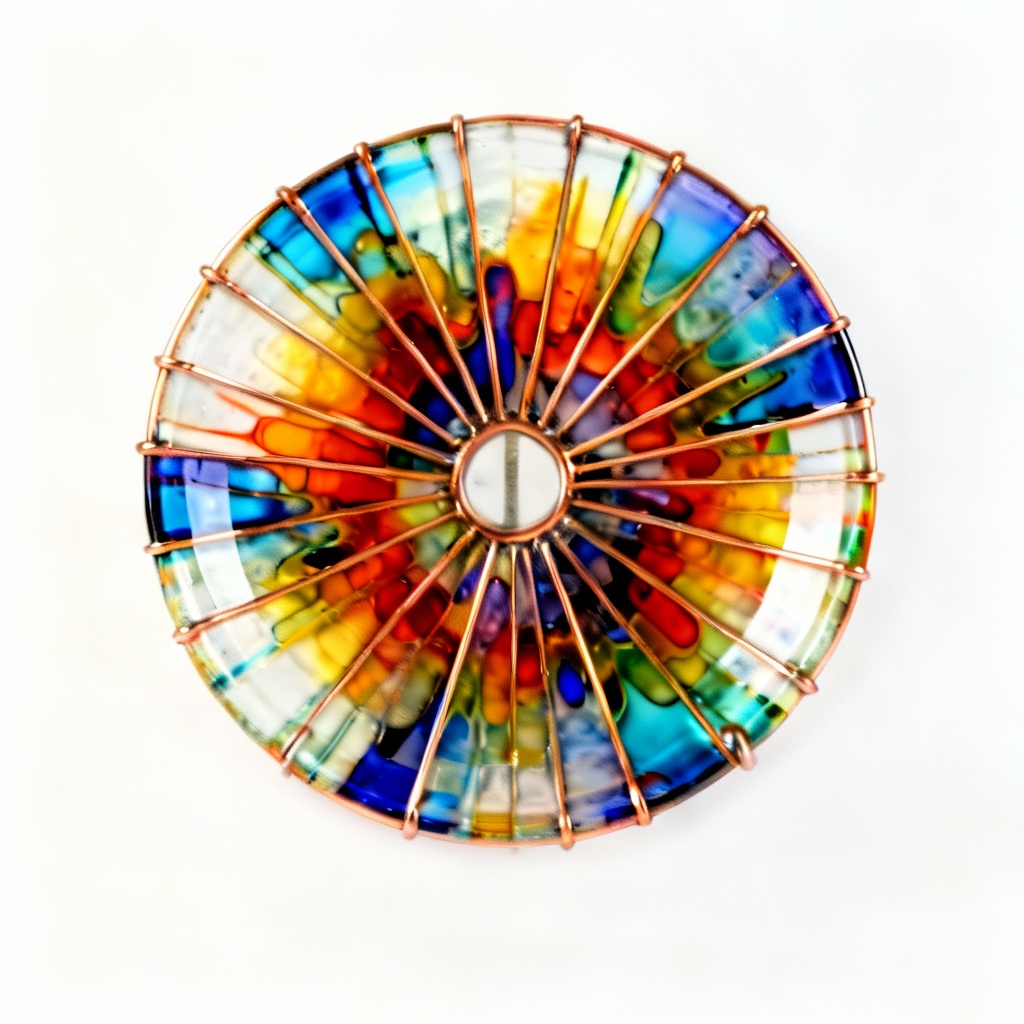 Vibrant Fused Glass Art Dish with Metal Stand - 8 Inch