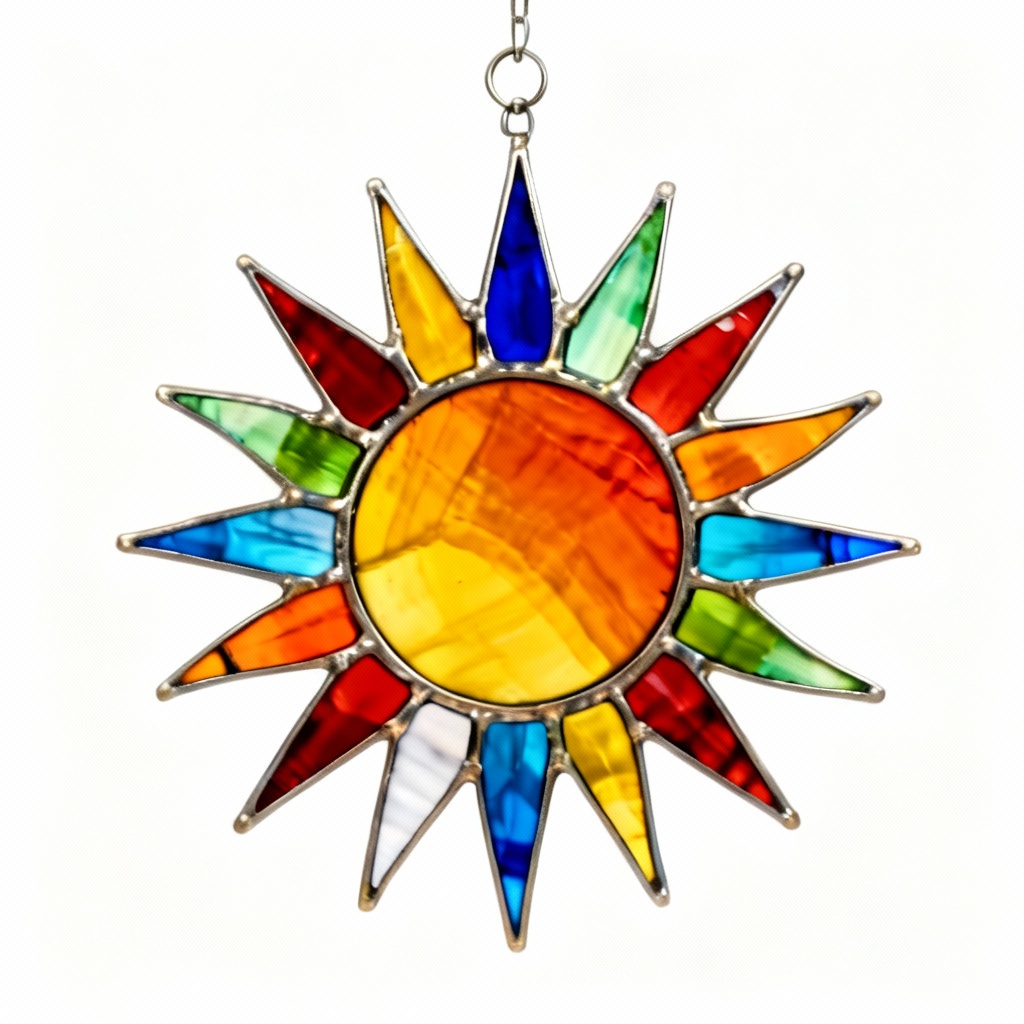 Vibrant Stained Glass Sunburst Panel - 8 Inch Diameter