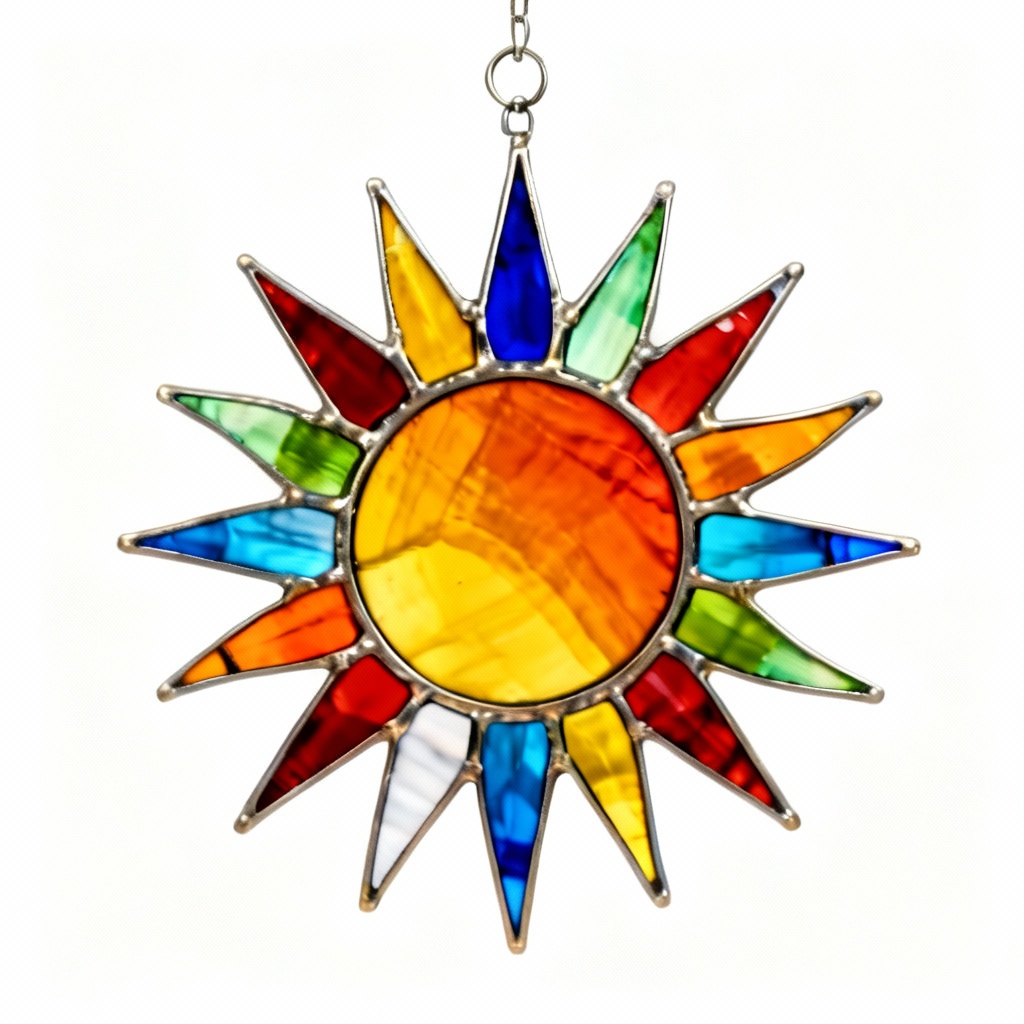 Vibrant Stained Glass Sunburst Panel - 8 Inch Diameter