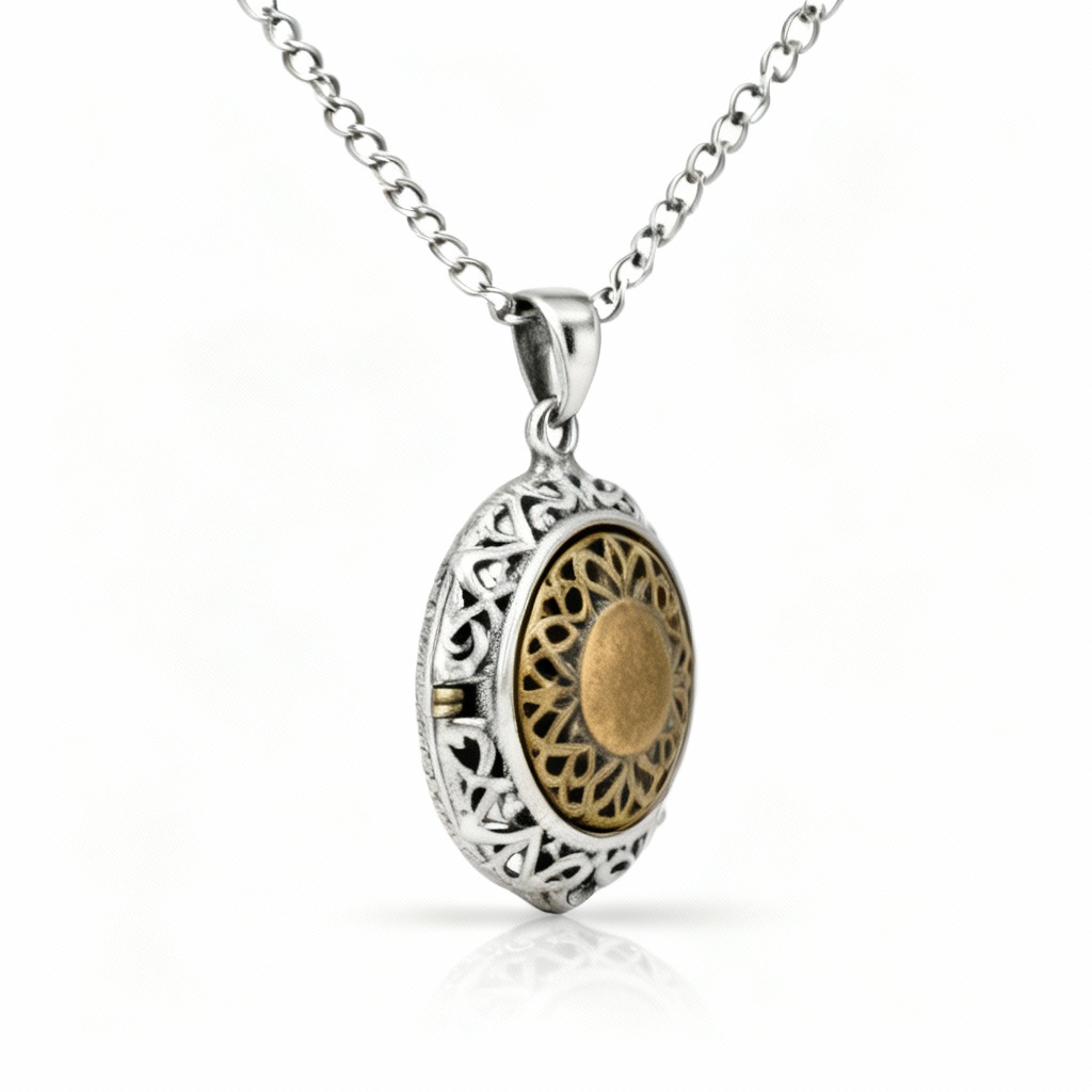 Vintage-Inspired Silver & Brass Locket Pendant Necklace - Filigree Design