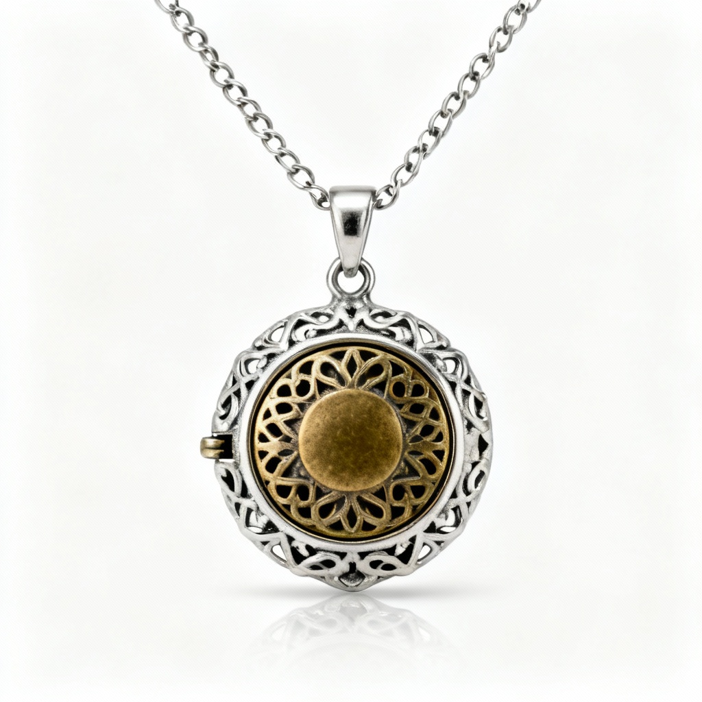 Vintage-Inspired Silver & Brass Locket Pendant Necklace - Filigree Design