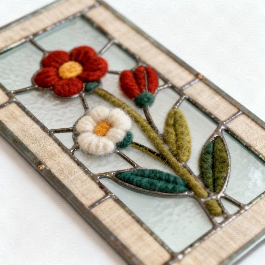 Vintage Fabric & Wool Stained Glass Panel - Floral Design, 8x10 inches