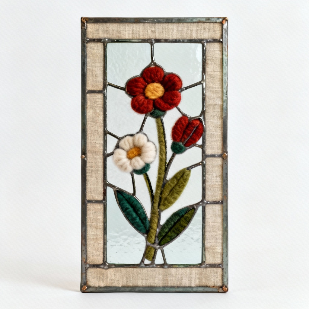 Vintage Fabric & Wool Stained Glass Panel - Floral Design, 8x10 inches