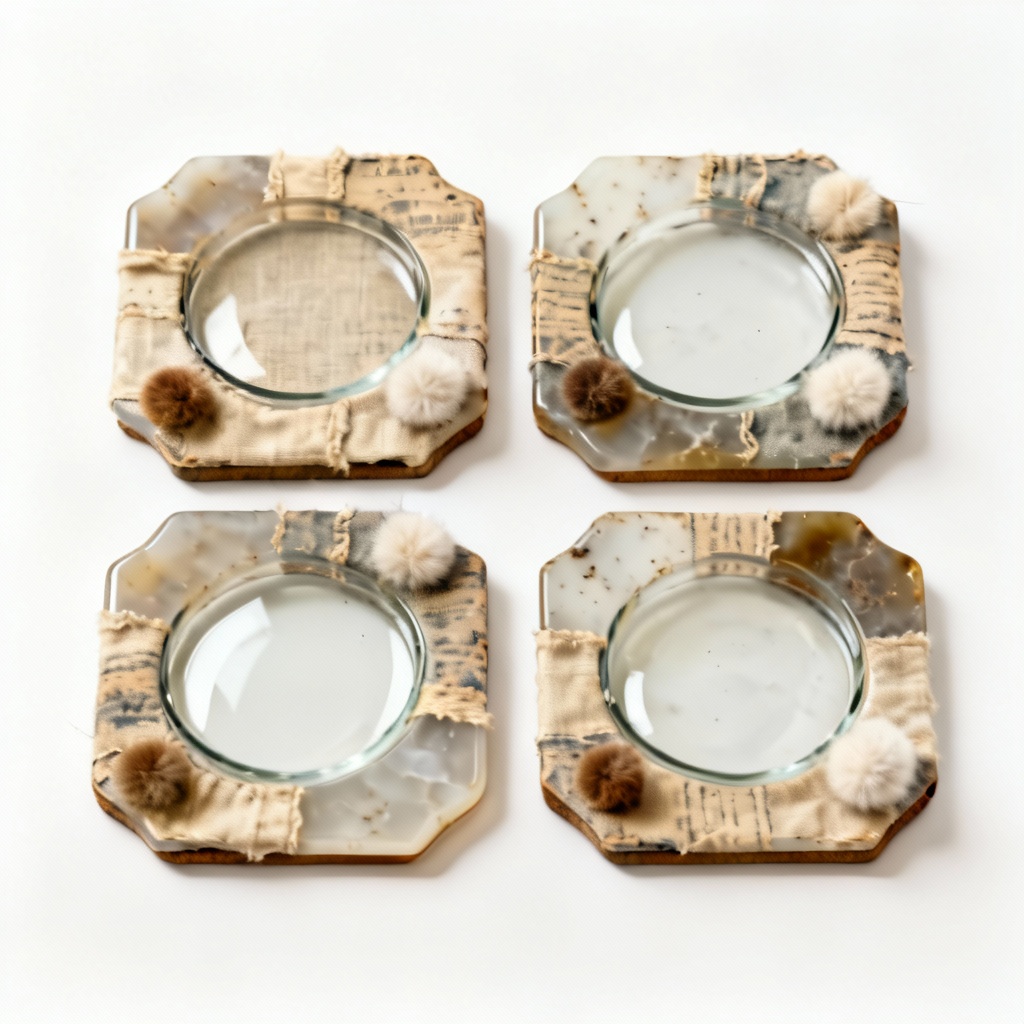 Vintage Inspired Fabric Resin Coaster Set with Wool Accents - Set of 4
