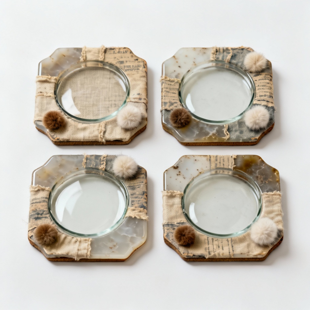 Vintage Inspired Fabric Resin Coaster Set with Wool Accents - Set of 4