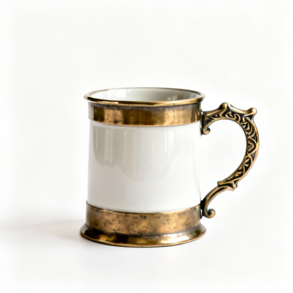 Vintage Inspired Metal & Brass Ceramic Mug - Decorative Handle