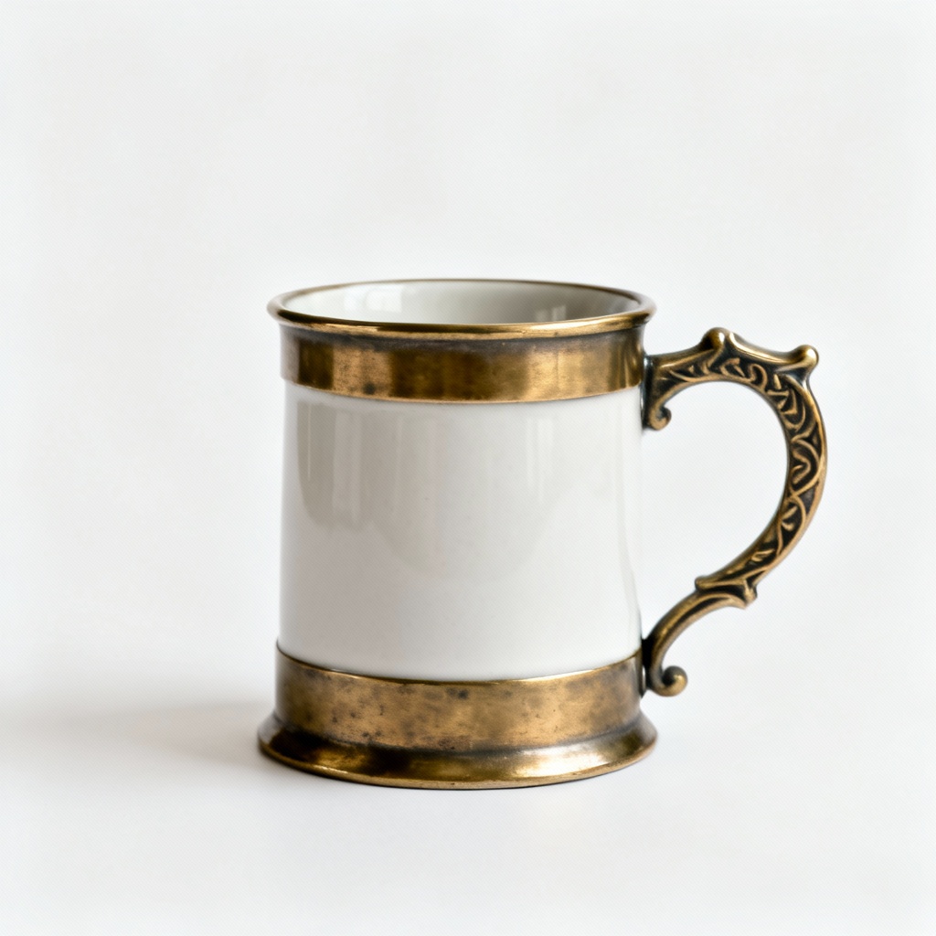 Vintage Inspired Metal & Brass Ceramic Mug - Decorative Handle