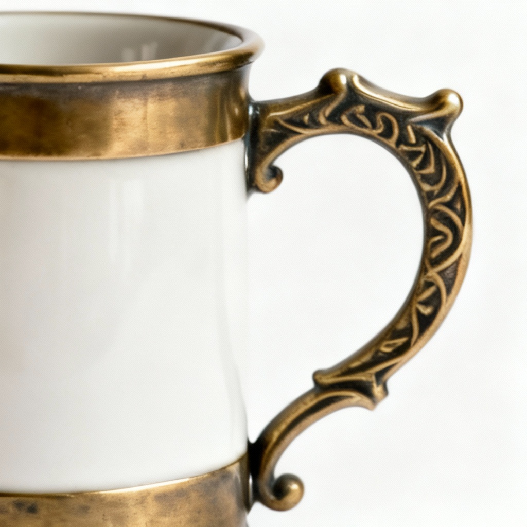 Vintage Inspired Metal & Brass Ceramic Mug - Decorative Handle