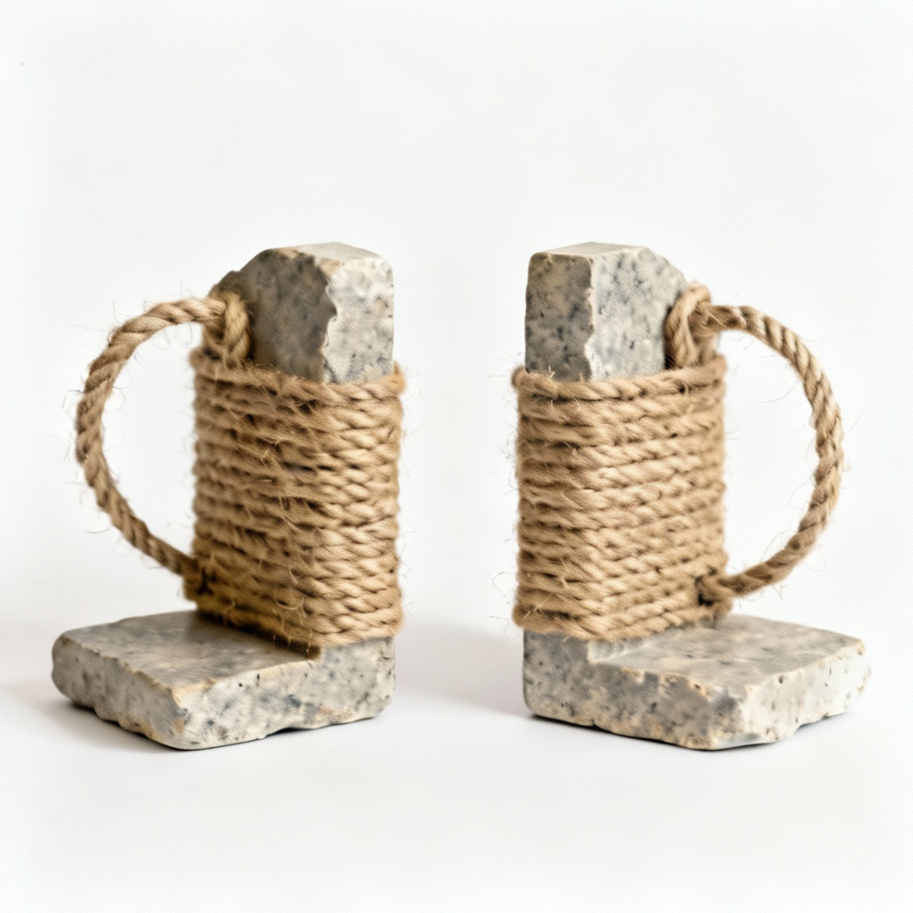 Vintage Inspired Natural Stone & Hemp Rope Bookends - Set of 2