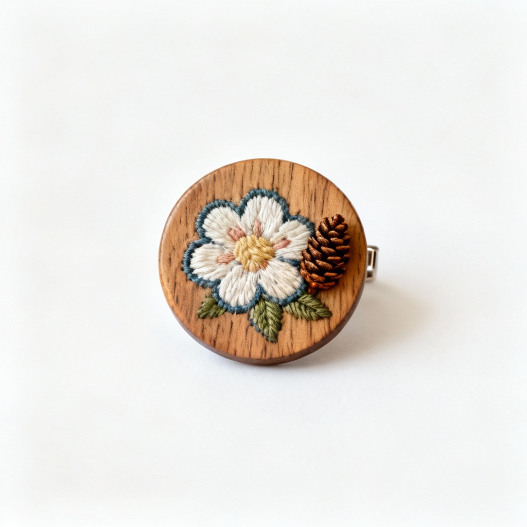 Wooden Embroidered Brooch with Floral Design - Handcrafted Pine Accent