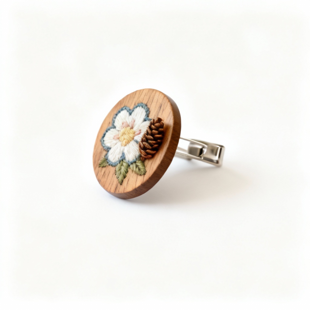 Wooden Embroidered Brooch with Floral Design - Handcrafted Pine Accent
