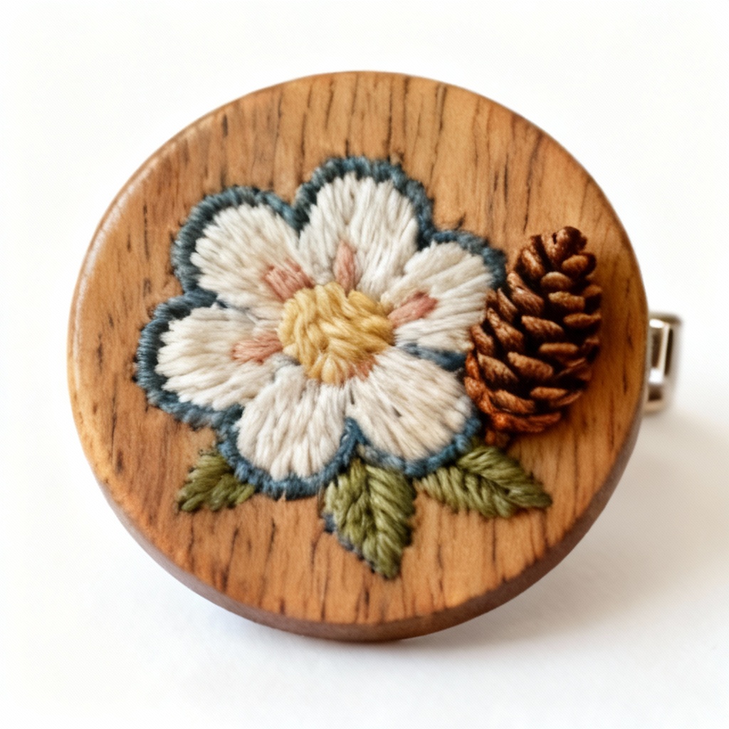 Wooden Embroidered Brooch with Floral Design - Handcrafted Pine Accent