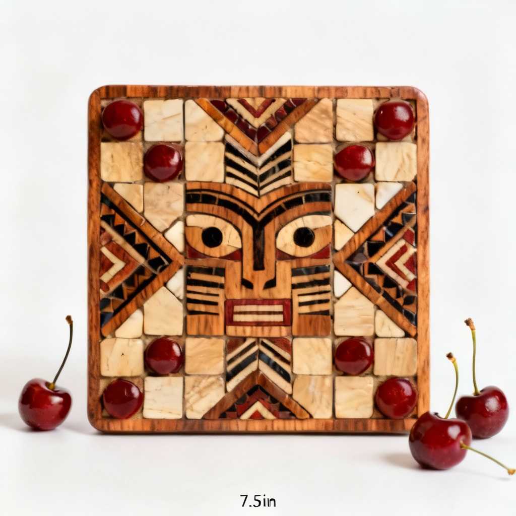 Wooden Mosaic Trivet - Cultural Design, Cherry Accents, 7.5 Inches
