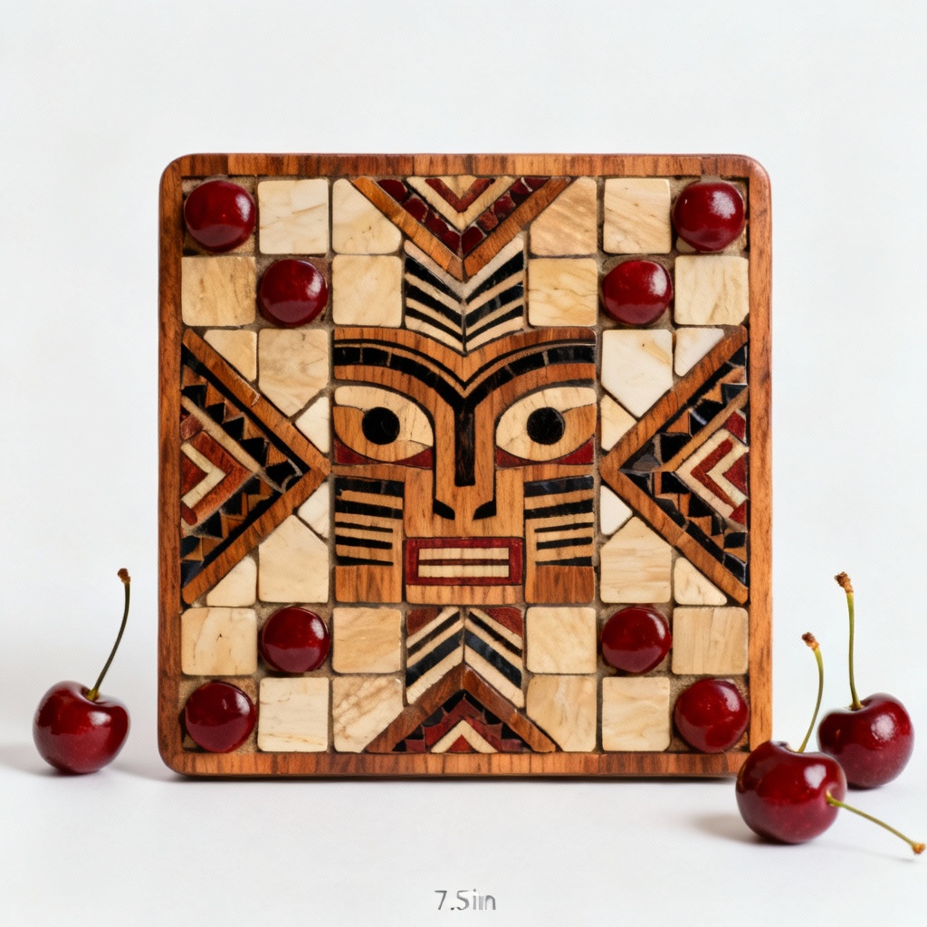Wooden Mosaic Trivet - Cultural Design, Cherry Accents, 7.5 Inches
