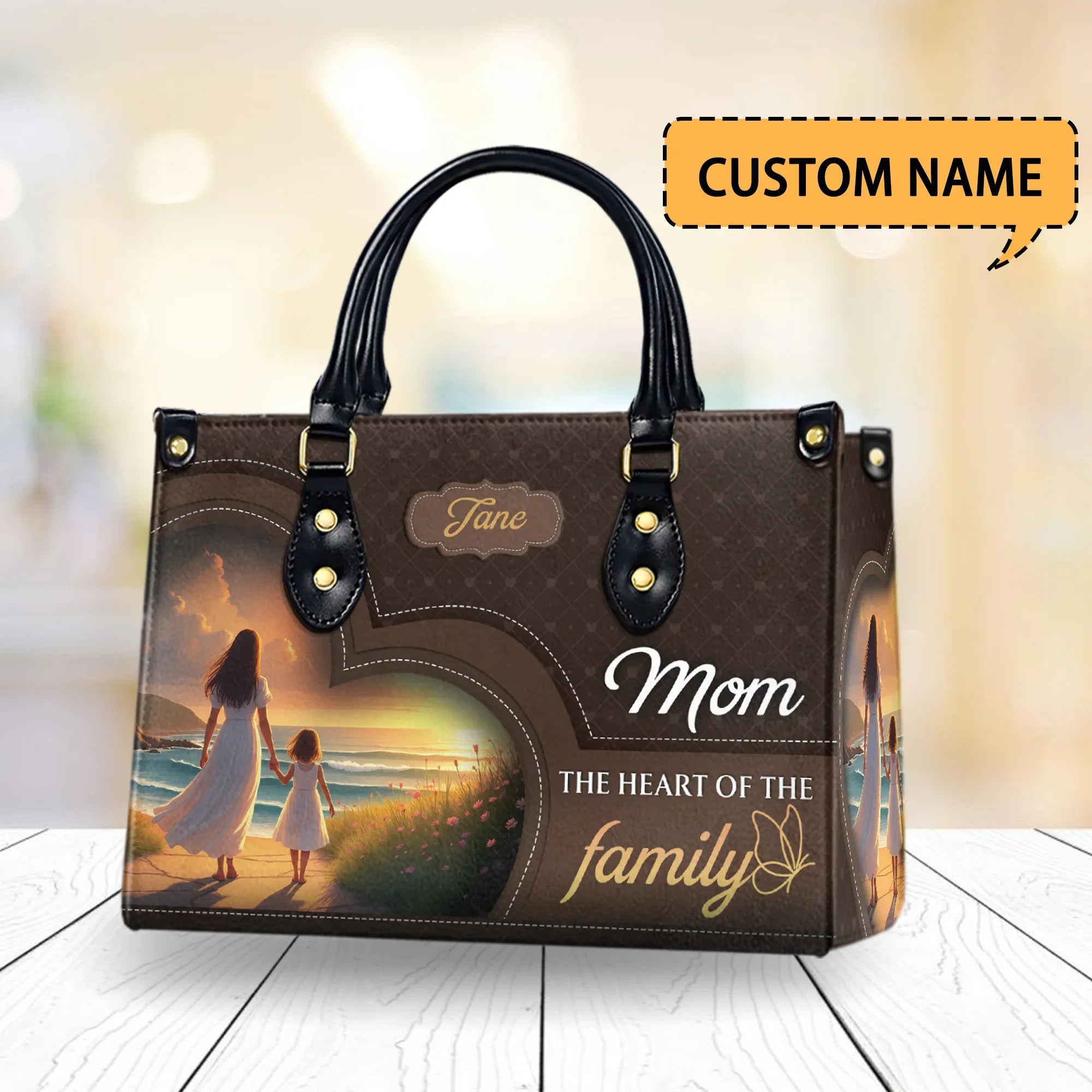 Personalized 'Mom, The Heart of the Family' Handbag – Custom Name, Inspirational Gift with Family and Sunset Design