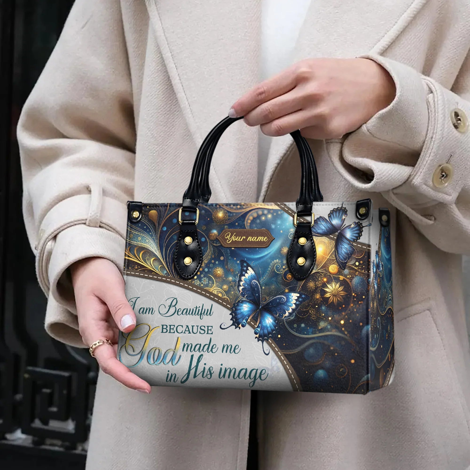 Personalized 'I Am Beautiful Because God Made Me in His Image' Handbag – Custom Name, Inspirational Christian Gift with Butterfly and Floral Design|HB75