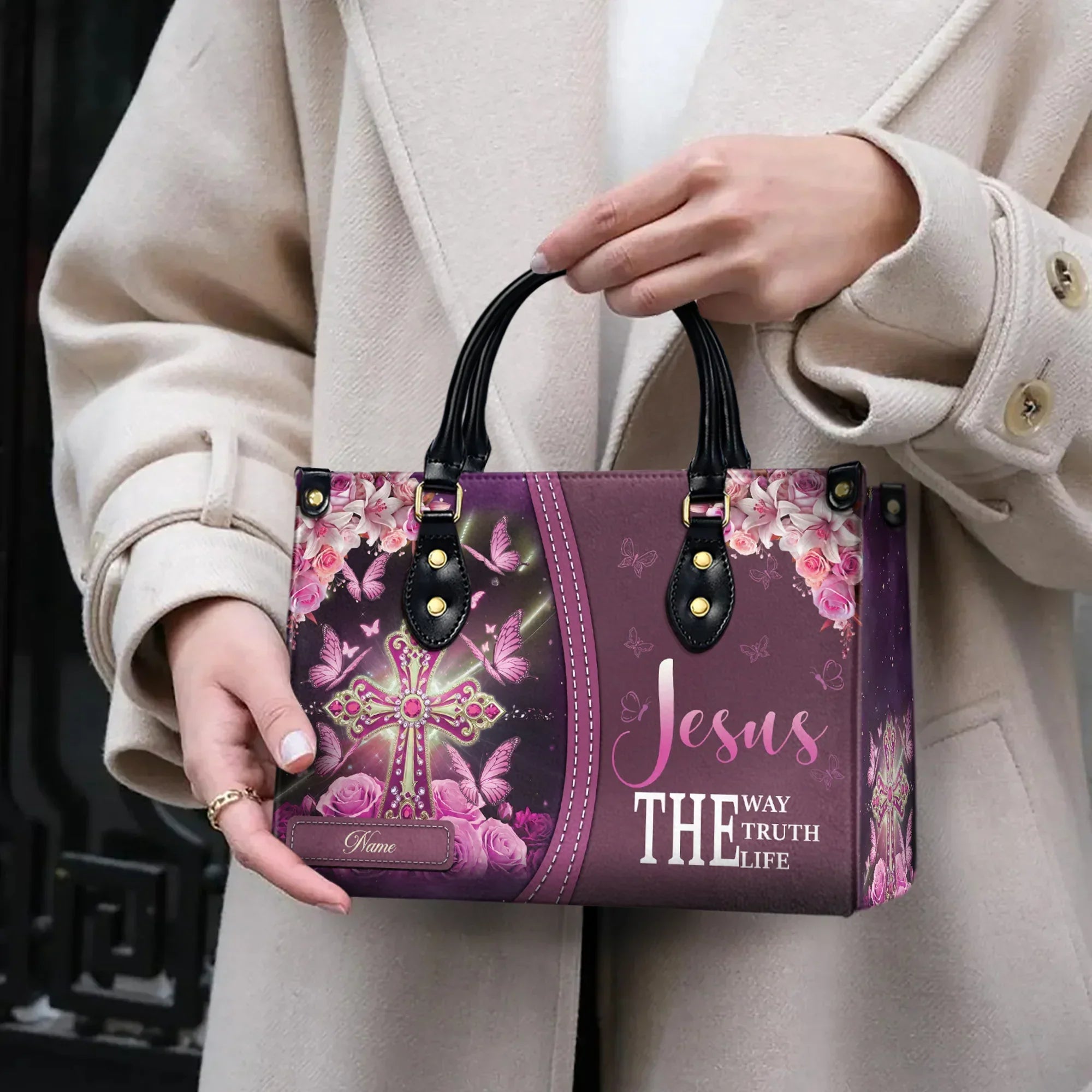 Personalized 'Jesus, The Way, The Truth, The Life' Handbag – Custom Name, Inspirational Christian Gift with Cross and Floral Design