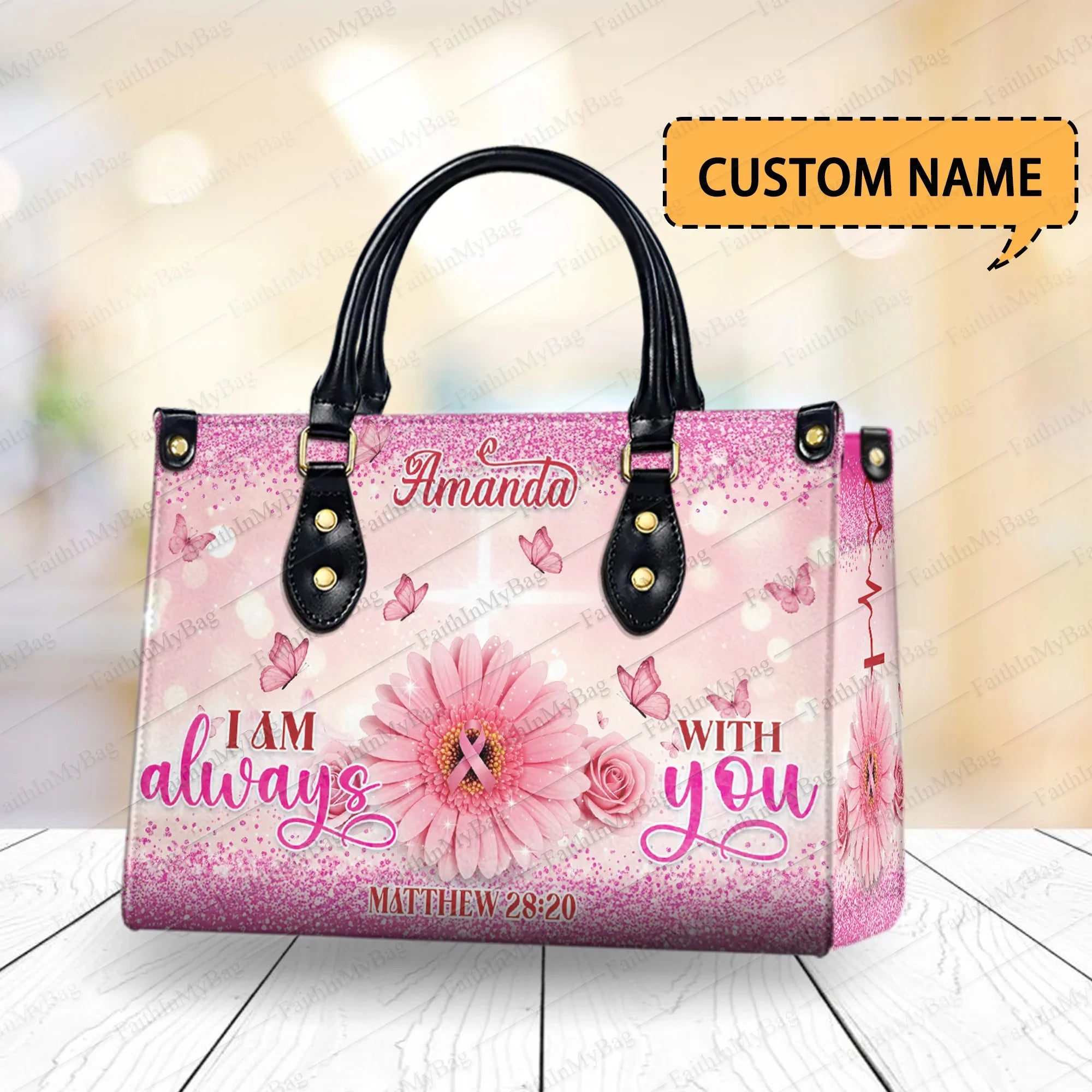 Personalized Christian Handbag with Name, Matthew 28:20 Bible Verse Tote Bag, Pink Ribbon Faith Gift for Women