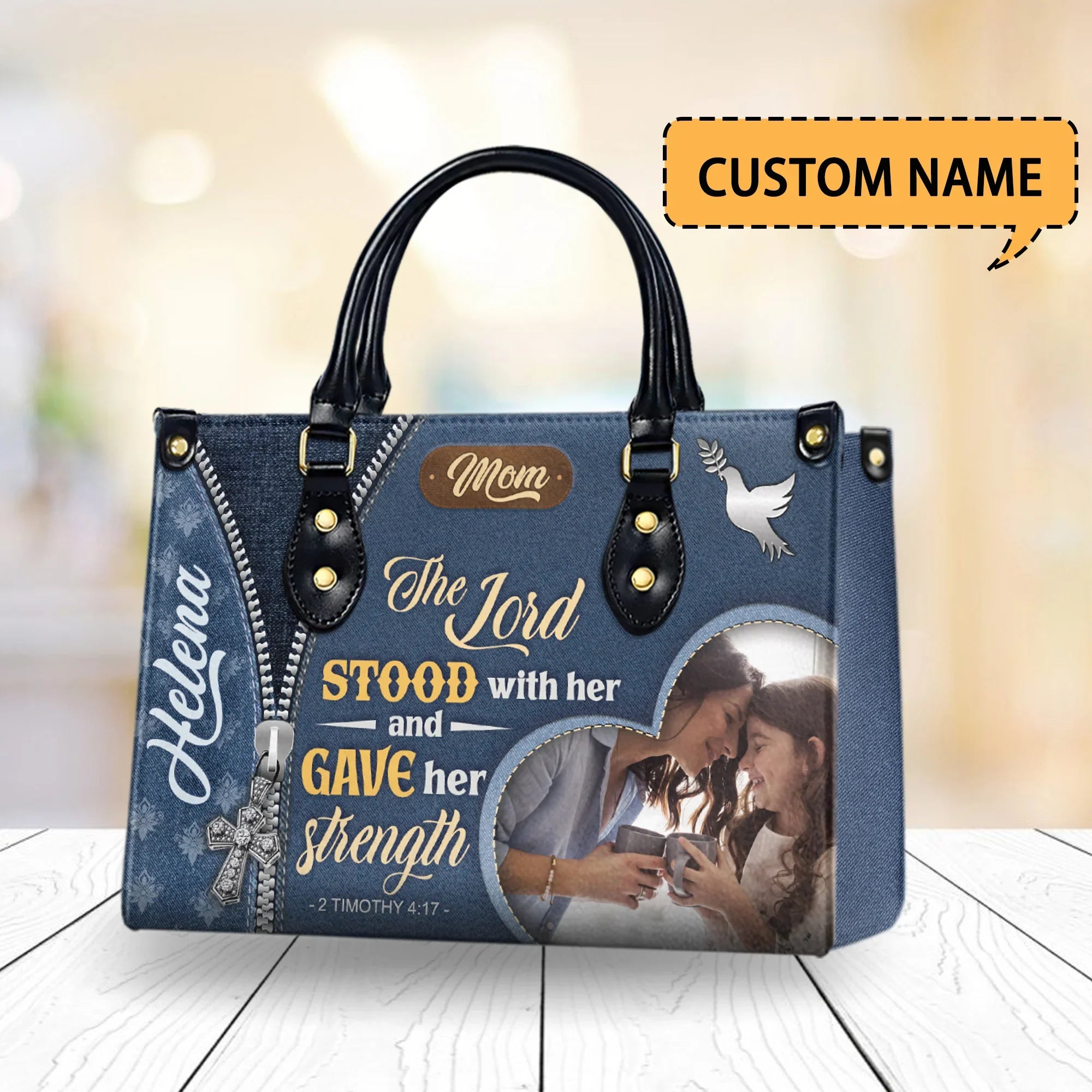 Personalized Christian Handbag for Mom with Photo, Custom Name Bible Verse Tote Bag, 2 Timothy 4:17 Faith Gift for Mother