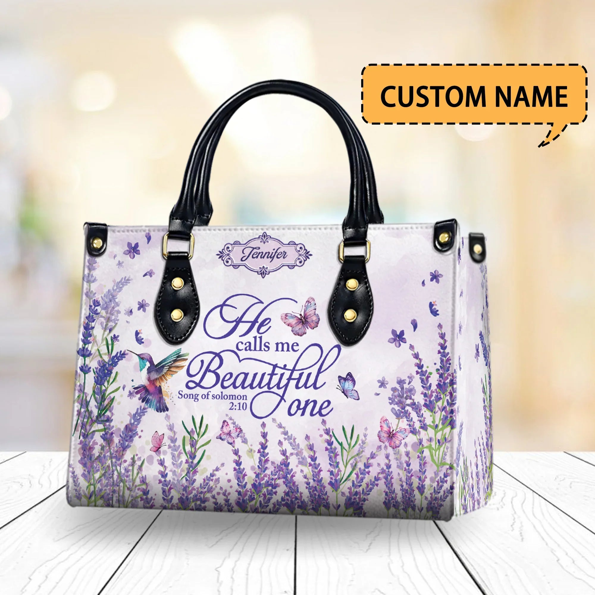 Personalized 'He Calls Me Beautiful One' Christian Handbag | Song of Solomon 2:10 Lavender Leather Tote