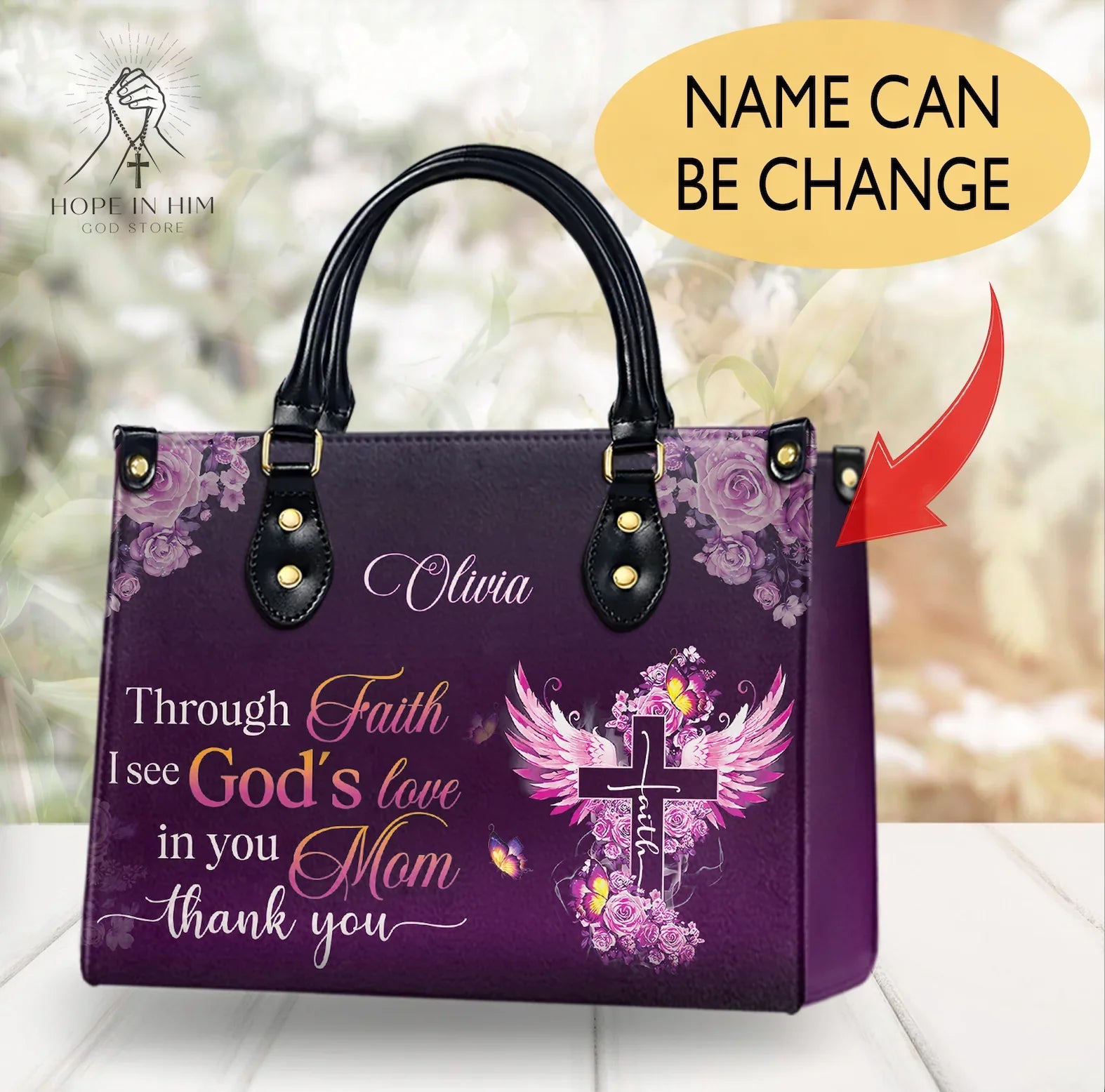 Custom Name 'Through Faith I See God's Love' Handbag – Elegant Christian Tote for Moms – Inspirational Cross and Angel Design – Perfect Thank You Gift for Mom|HB47
