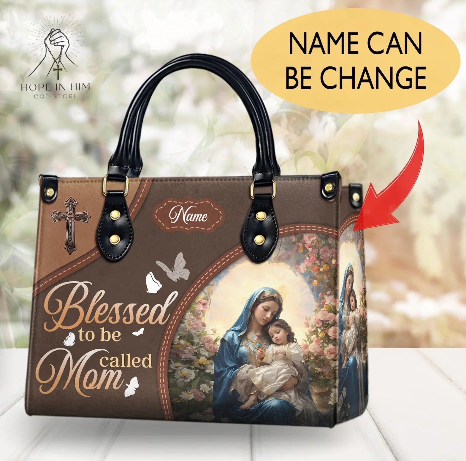 Personalized 'Blessed to be Called Mom' Handbag – Custom Tote Bag with Cross and Virgin Mary Design – Inspirational Gift for Moms – Custom Name Option|HB42