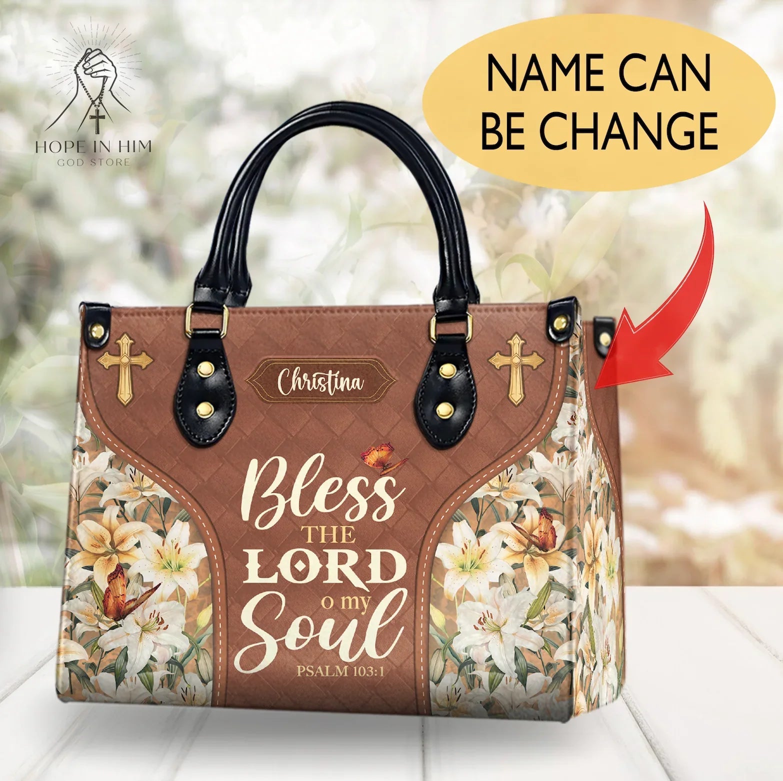 Personalized 'Bless the Lord O My Soul' Handbag – Custom Tote Bag with Cross Design and Inspirational Quote – Psalm 103:1 – Custom Name Option|HB41